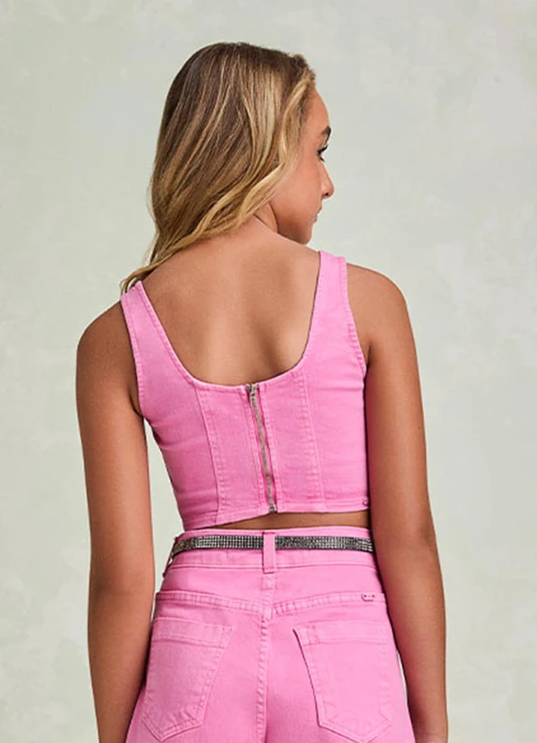 I Am - Cropped Corset de Sarja com Strass Rosa 2