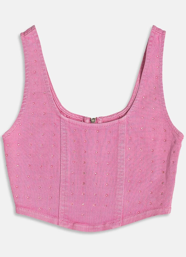 I Am - Cropped Corset de Sarja com Strass Rosa 4