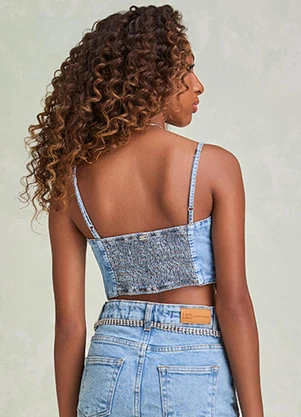 I Am - Cropped Corset Jeans com Bordado Floral Azul - I AM