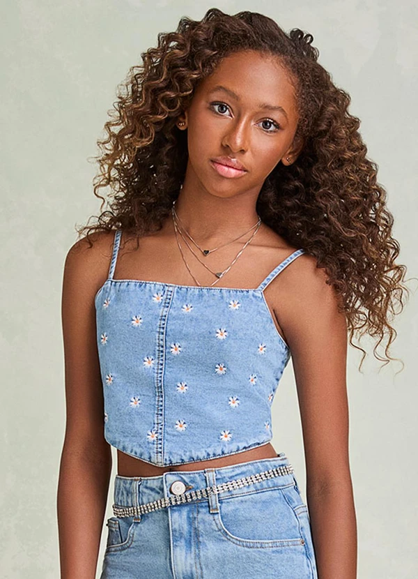 I Am - Cropped Corset Jeans com Bordado Floral Azul