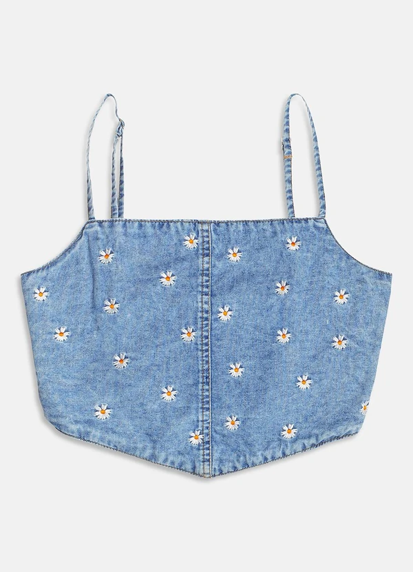 I Am - Cropped Corset Jeans com Bordado Floral Azul 5