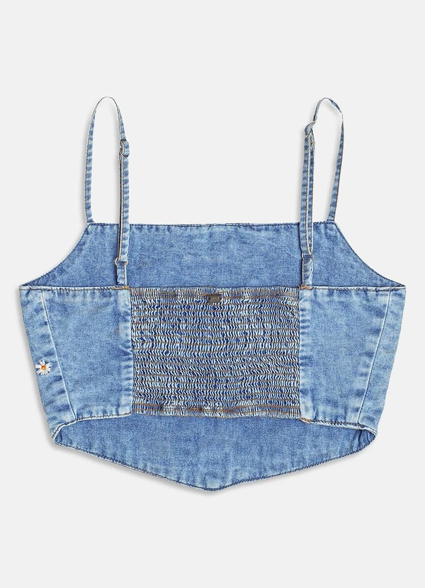 I Am - Cropped Corset Jeans com Bordado Floral Azul 6