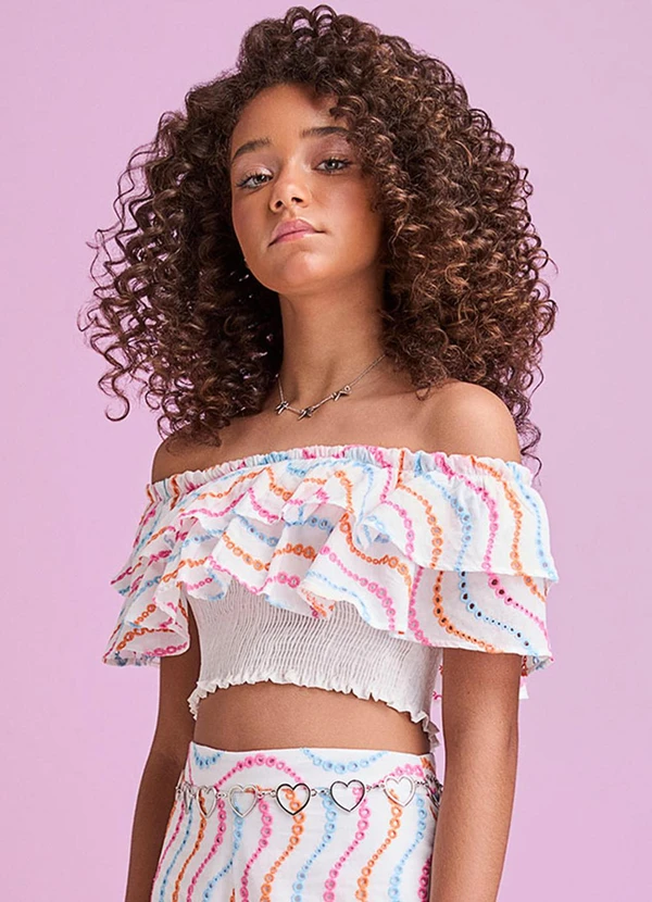 I Am - Cropped de Babado em Laise Branco