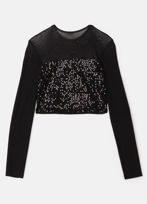 I Am - Cropped de Paetê com Tule Preto