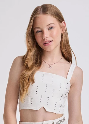 I Am - Cropped de Sarja Off White com Strass Off White - I AM