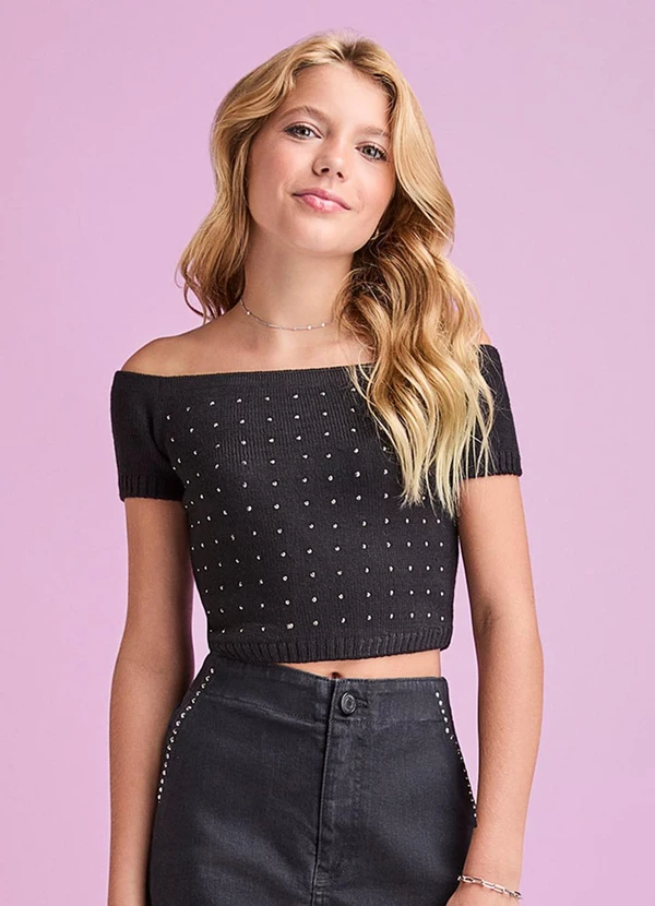 I Am - Cropped de Tricot com Strass Preto