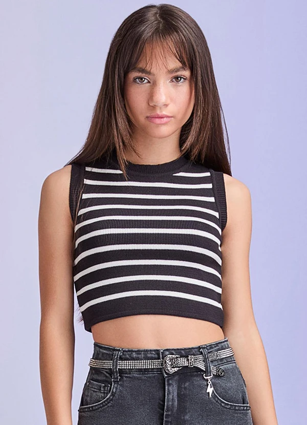 I Am - Cropped de Tricot Listrado Preto