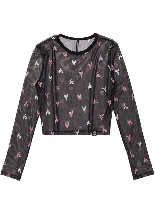 Authoria - Cropped de Tule Estampa Fogo Feminino Preto