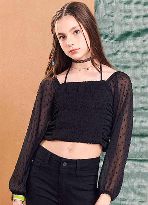 I Am - Cropped Feminino de Chiffon com Poá Preto