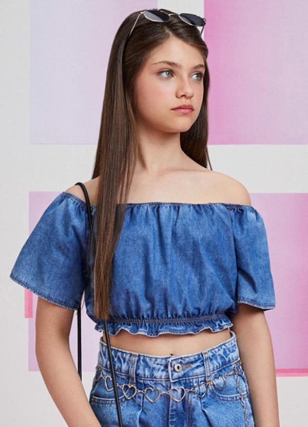 I Am - Cropped Jeans Ombro a Ombro Azul