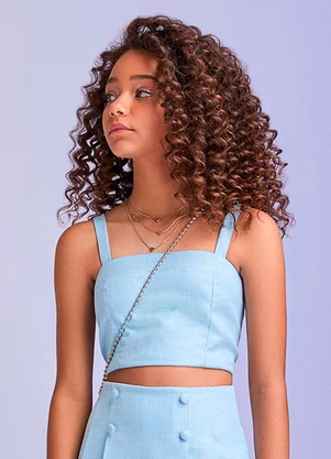 I Am - Cropped Xadrez de Tweed com Brilho Azul - I AM