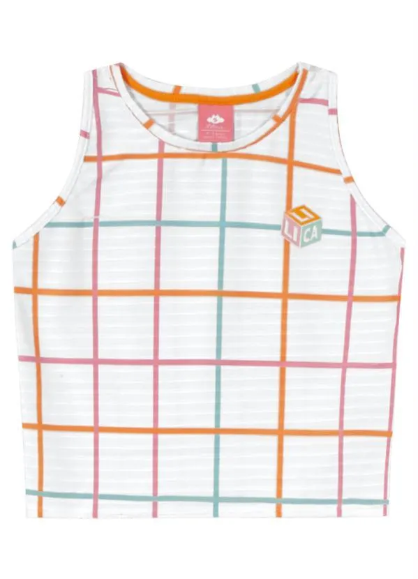 Lilica Ripilica - Regata Cropped Malha Xadrez Grid Menina Branco