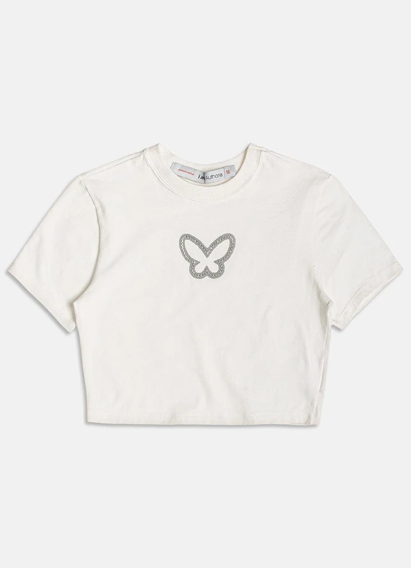 I Am - T-Shirt Cropped de Borboleta com Strass Pérola