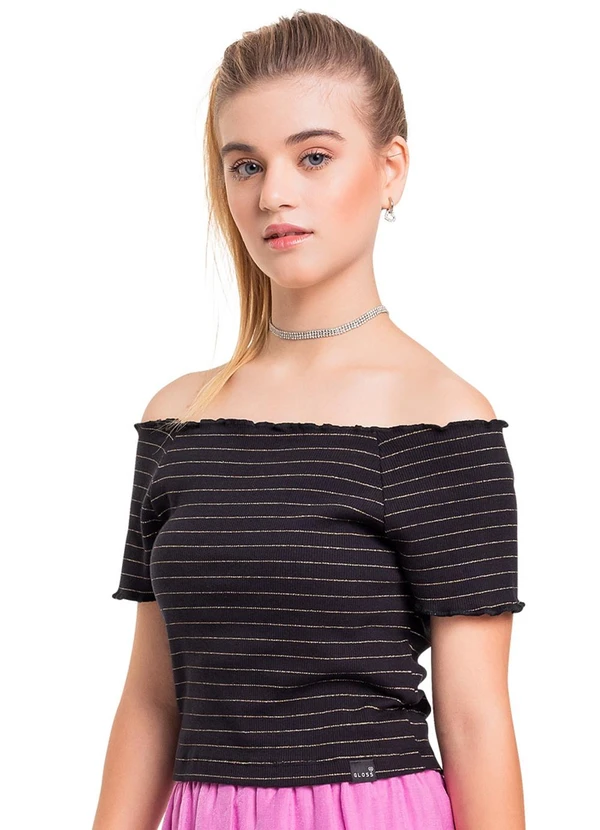 Gloss - Top Cropped Listrado em Ribana Juvenil Preto
