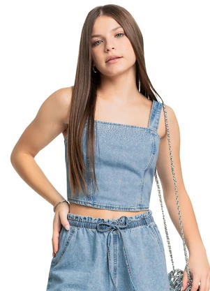 Gloss - Top Juvenil em Jeans com Strass Azul - GLOSS