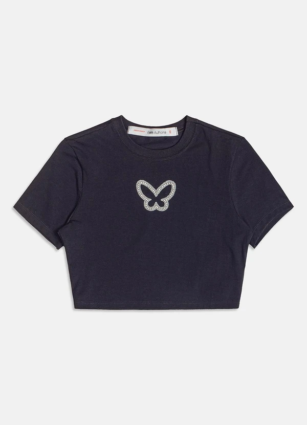 I Am - Blusa Baby Tee de Borboleta com Strass Preto