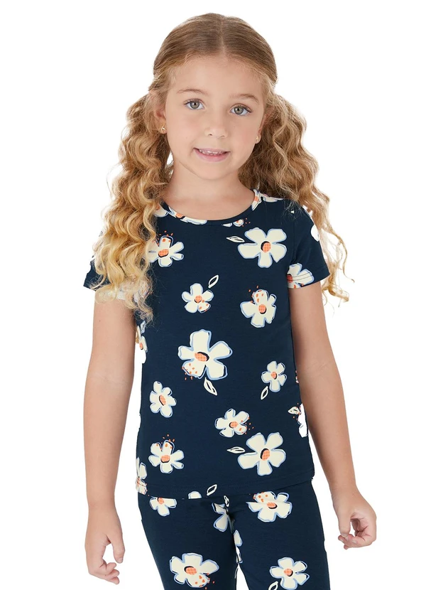 Malwee Kids - Blusa Básica Floral Azul Marinho