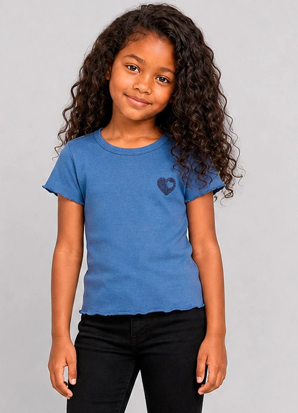 Marlan - Blusa Canelada com Bordado de Coração Azul