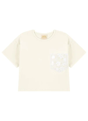 Milli e Nina - Blusa Cotton Penteado com Bolso em Renda Bege - MILLI E NINA