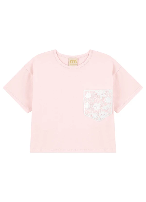 Milli e Nina - Blusa Cotton Penteado com Bolso em Renda Rosa