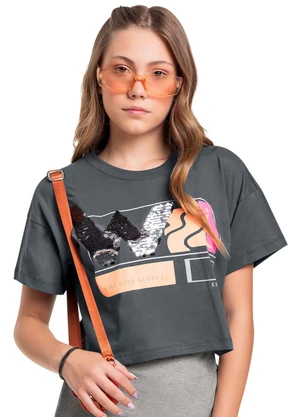 Gloss - Blusa Cropped em Meia Malha Juvenil Cinza - GLOSS