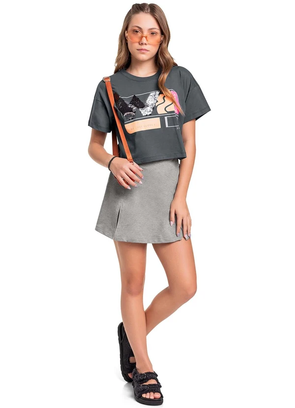 Gloss - Blusa Cropped em Meia Malha Juvenil Cinza 2