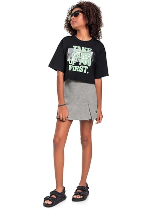 Gloss - Blusa Cropped em Meia Malha Juvenil Preto - GLOSS