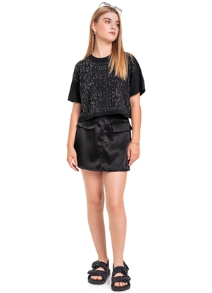 Gloss - Blusa Cropped em Meia Malha Juvenil Preto - GLOSS