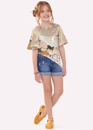 Nanai - Blusa Cropped Infantil Menina Aves Bege - NANAI