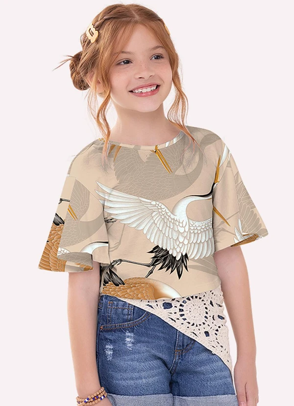 Nanai - Blusa Cropped Infantil Menina Aves Bege