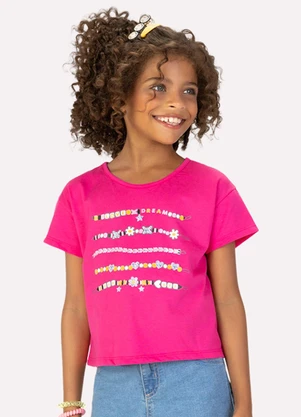 Kyly - Blusa Cropped Infantil Menina em Algodão Rosa - KYLY