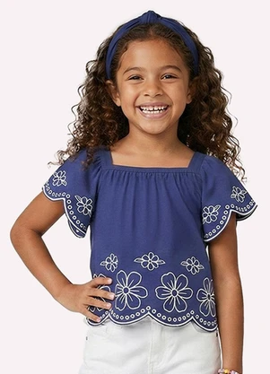 Nanai - Blusa Cropped Infantil Menina Flores Azul - NANAI