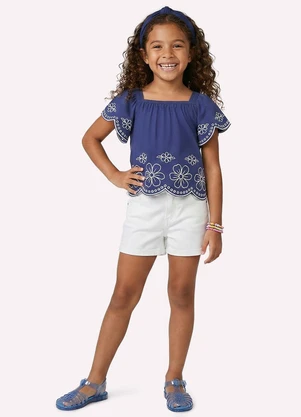 Nanai - Blusa Cropped Infantil Menina Flores Azul - NANAI