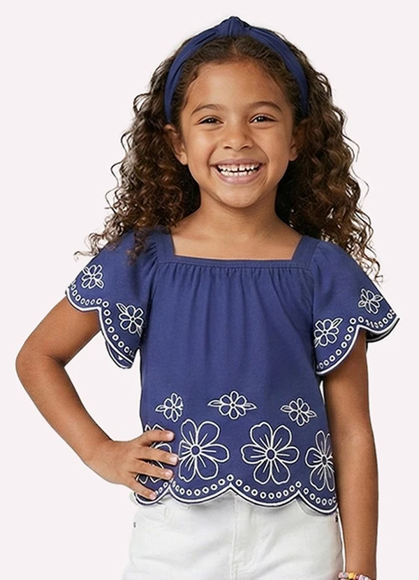 Nanai - Blusa Cropped Infantil Menina Flores Azul