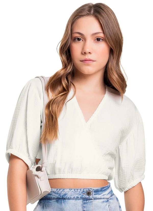 Gloss - Blusa Cropped Manga Curta Juvenil Bege