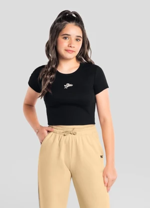 Brandili - Blusa Cropped Teen Menina em Ribana Preto - BRANDILI