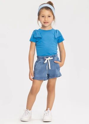 Alakazoo - Blusa de Mangas Curtas com Laços e Strass Azul - ALAKAZOO