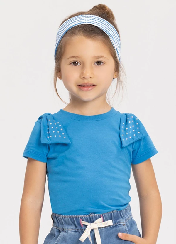 Alakazoo - Blusa de Mangas Curtas com Laços e Strass Azul