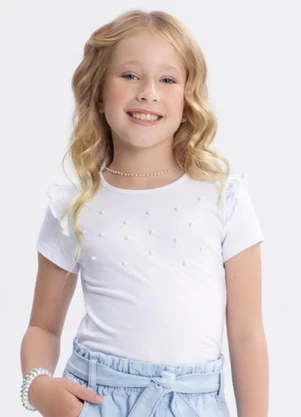 Alakazoo - Blusa de Mangas Curtas Menina com Pérolas Branco - ALAKAZOO