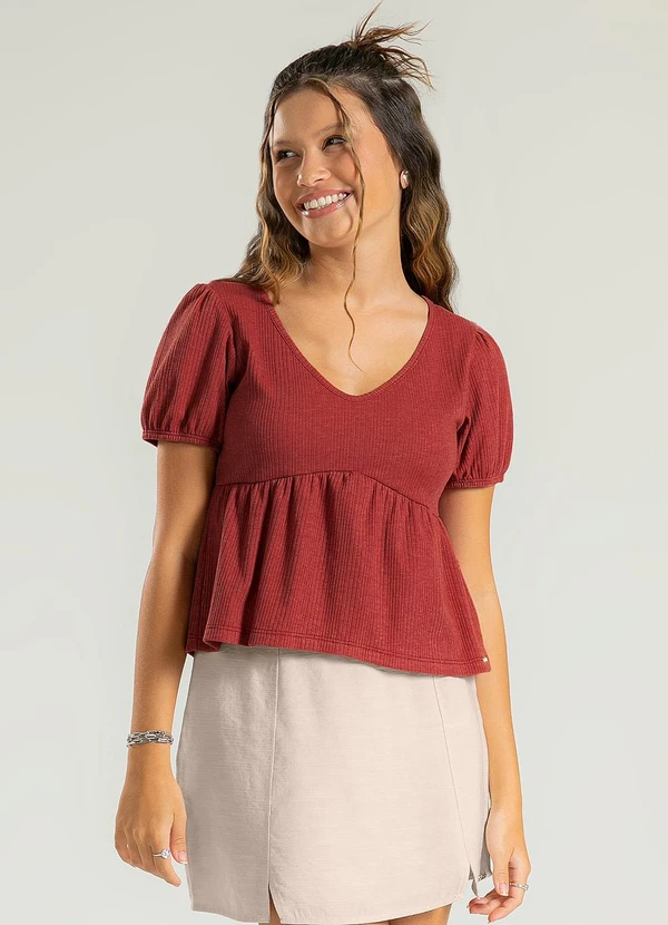 Cativa Teen - Blusa Decote V Canelada Marrom Escuro