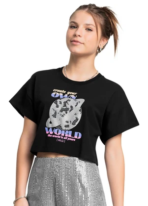 Blusa em Algodão Juvenil Manga Curta Gloss Preto - GLOSS