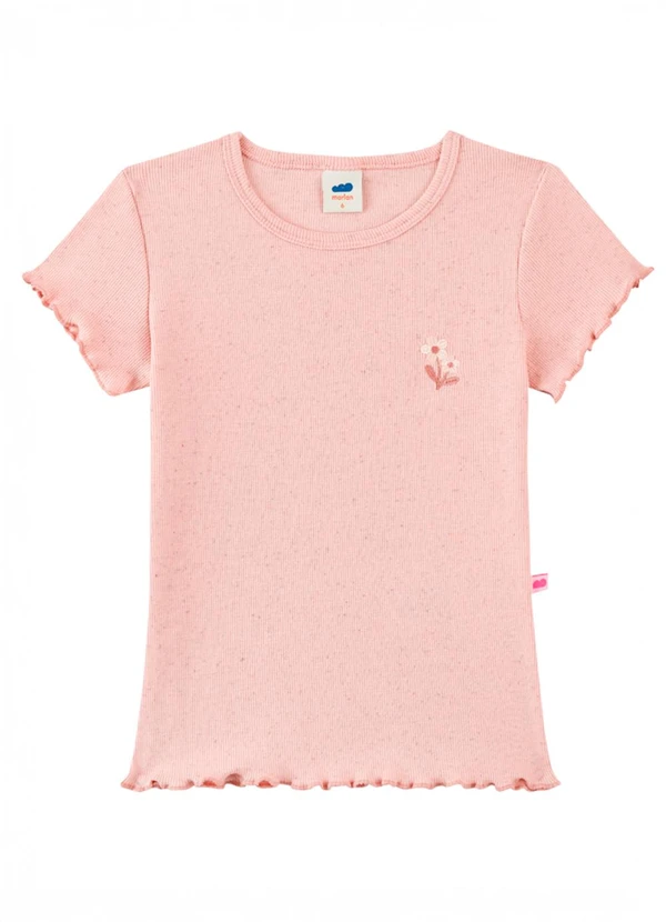 Marlan - Blusa em Malha Canelada com Bordado Floral Rosa