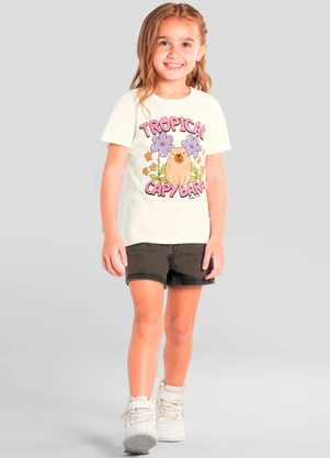 Brandili - Blusa Florida de Capivara em Puff Bege - BRANDILI