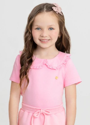 Up Baby - Blusa Infantil com Gola em Renda Rosa - UP BABY