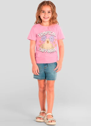 Brandili - Blusa Infantil Florida de Capivara em Puff Rosa - BRANDILI
