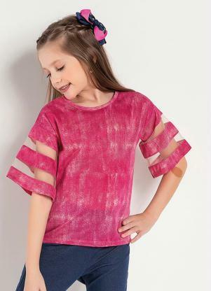 Blusa Infantil (Rosa Mesclada) com Tule nas Mangas