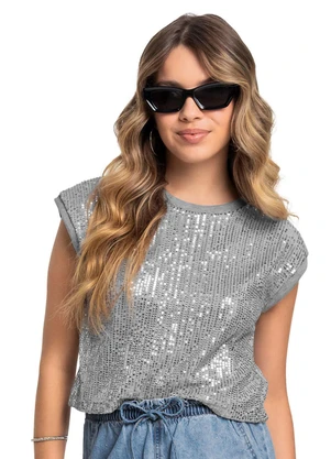Gloss - Blusa Juvenil em Algodão e Paetê Cinza - GLOSS