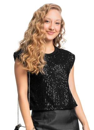 Gloss - Blusa Juvenil em Algodão e Paetê Preto - GLOSS