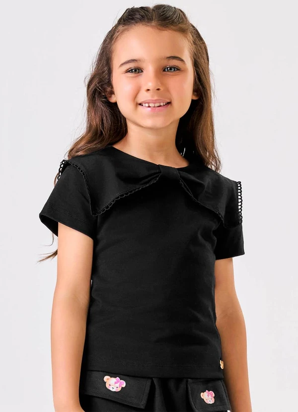 Trick Nick - Blusa Manga Curta Cotton Decote Laço Preto 4