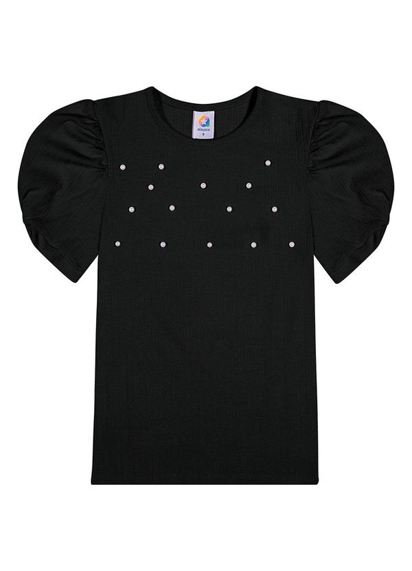 Alenice - Blusa Mangas Bufantes Pérolas Menina Preto